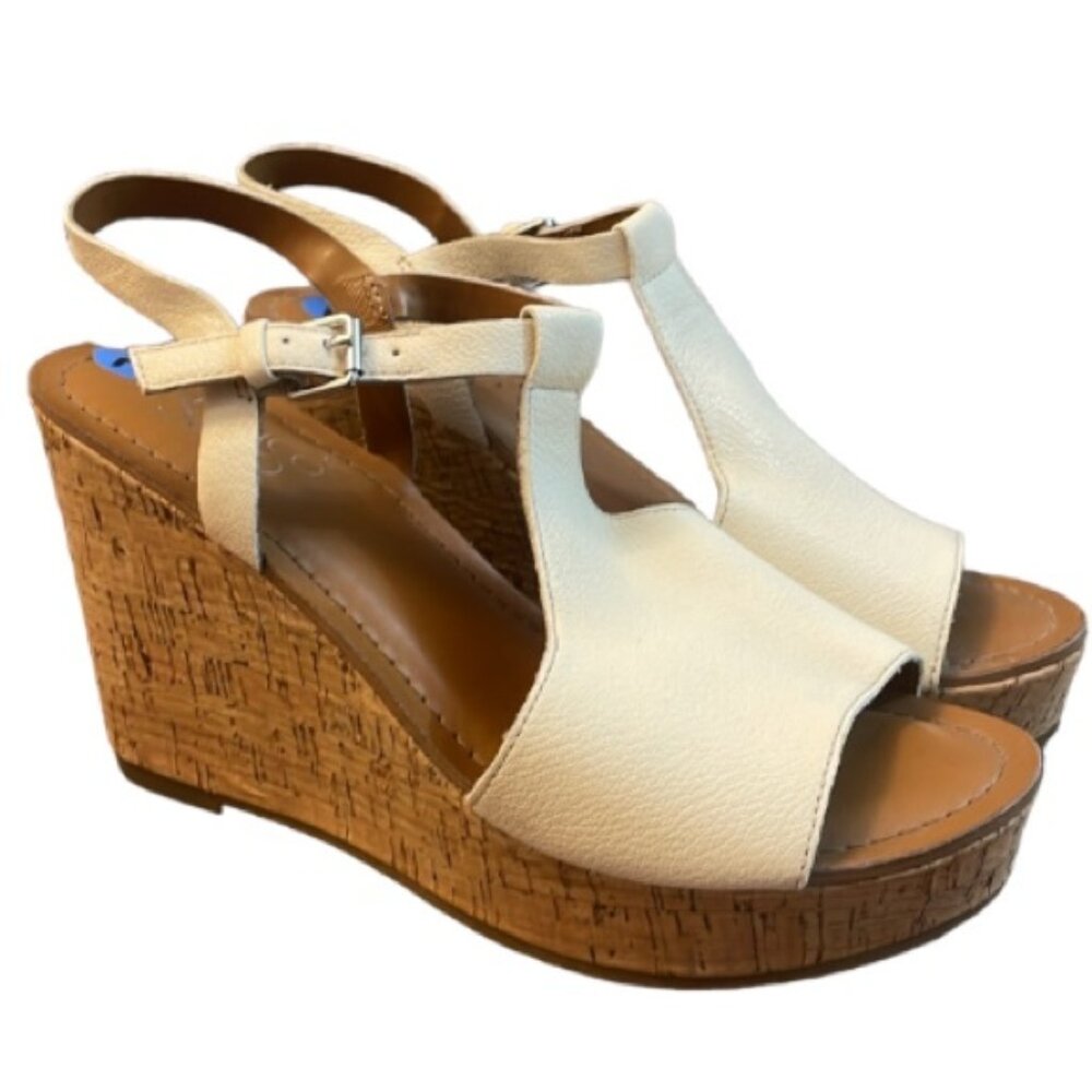 Never Worn Franco Sarto White Leather Clinton Cork Wedge Sandals Size 7.5